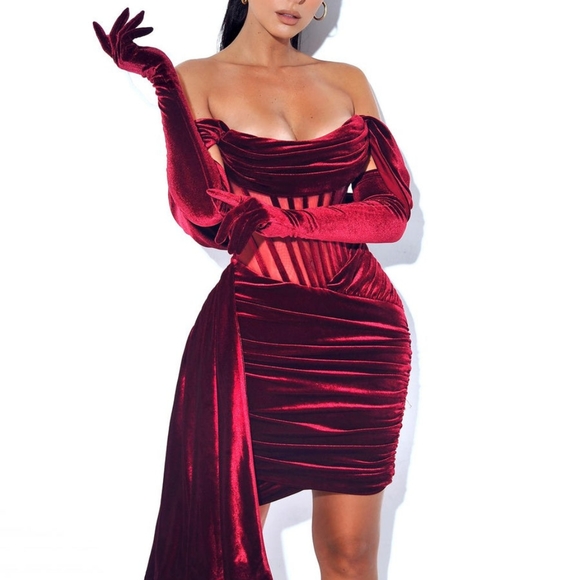 Burgundy Velvet Off Shoulder Corset Dress - Picture 6 of 10